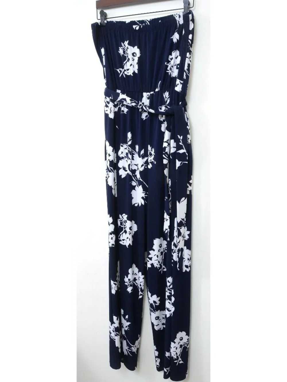 NWOT Lane Bryant PLUS 14/16 Navy Blue White Strapless Floral Wide Leg Jumpsuit